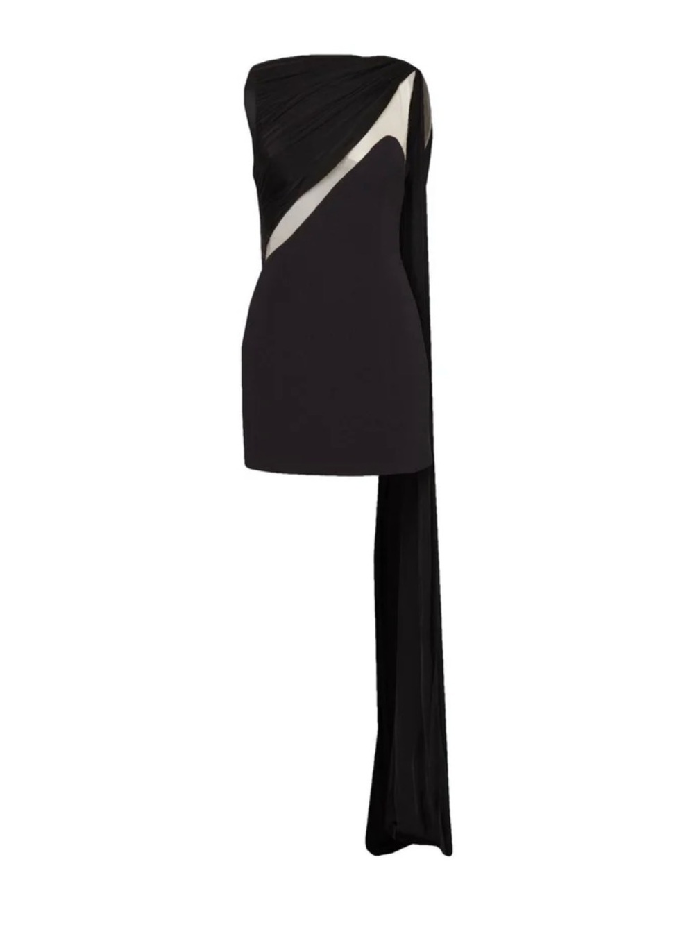 Black and Cream One-Shoulder Mini Dress with Draped Sash